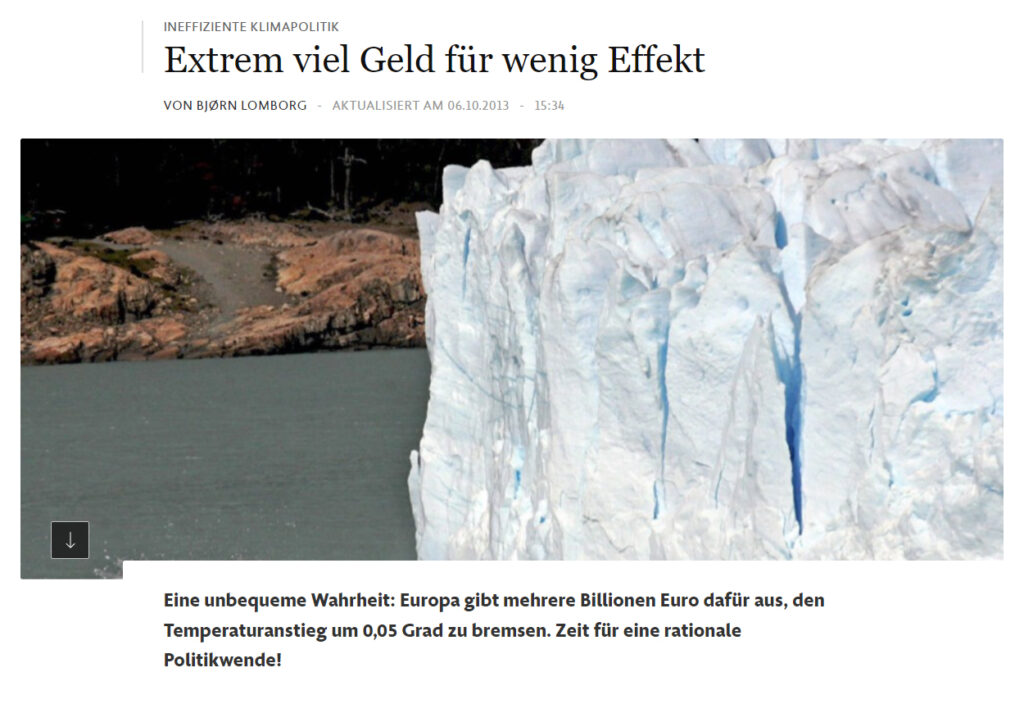 Screenshot of the claim from the FAZ: Europe is spending several trillion euros to slow the temperature rise by 0.05 degrees.