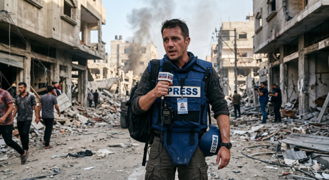 Gemini_Generated_Image_o833zuo833zuo833 A reporter wearing a bulletproof vest and holding a microphone stands among bombed-out buildings.